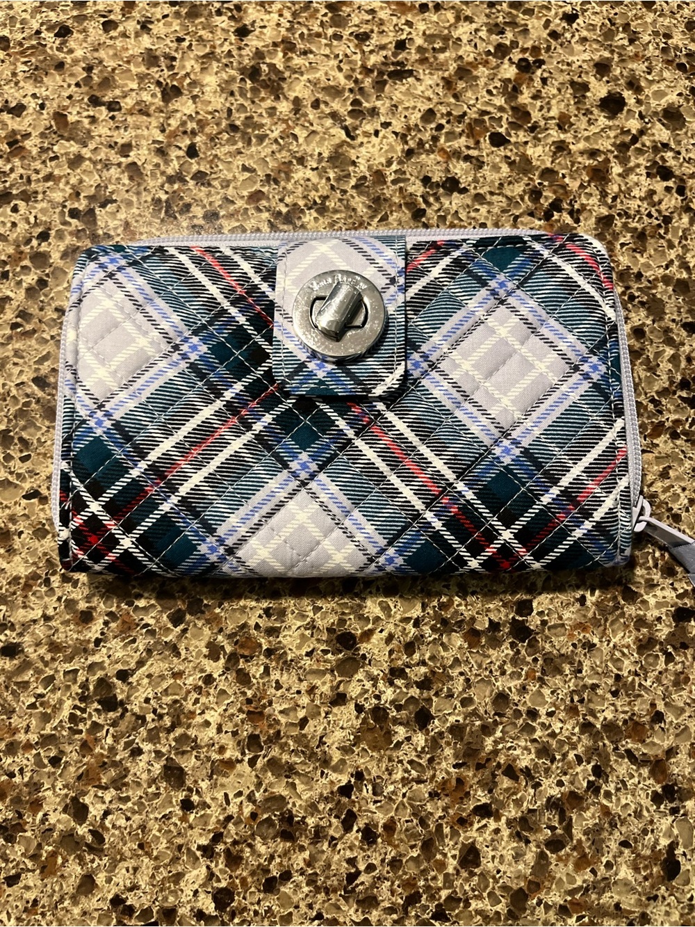 Vera Bradley Plaid Zip Phone Wallet in Navy, White & Red